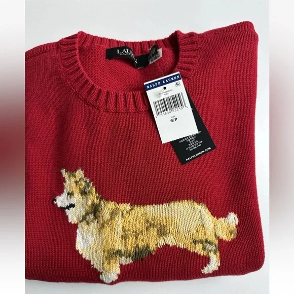Ralph Lauren Intarsia-Knit Corgi Dog Cotton Red Sweater Size Small NWT - Picture 4 of 6